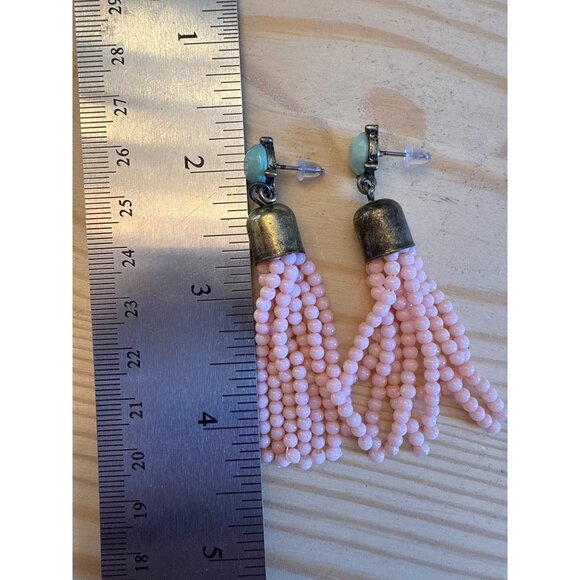 Beaded Tassel Pierced Postback Dangle Beaded Drop Earrings Pink Turquoise Retro - Picture 4 of 4